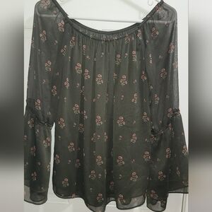 White House Black Market Sheer Olive Blouse with Red Floral Pattern